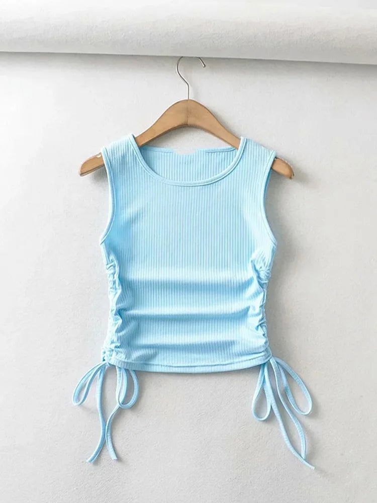 2024 Summer NEW Arrival Women Solid Color Sexy Causal Crop Top With String Both Side