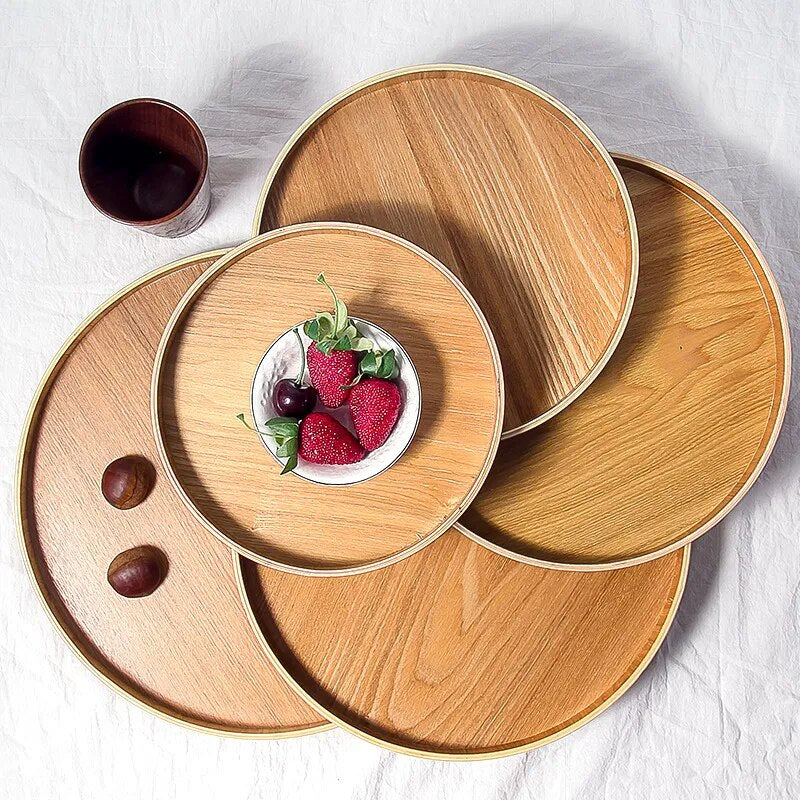 Japanese Style Round Tray Food Serving Plate Wood Snack Dessert Plate natural Tea Food Server Dishes Drink Platter waterproof