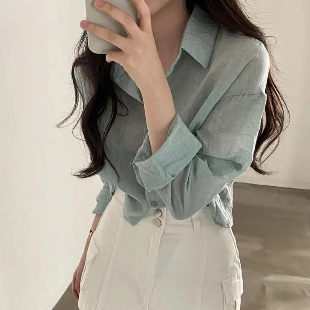 Chic Cardigan Shirt Single Breasted Thin Women Solid Color.