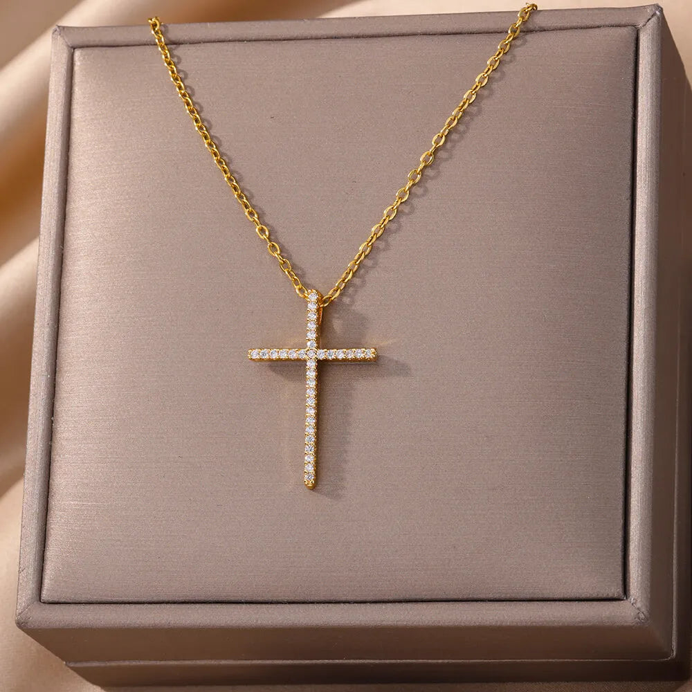 Zircon Cross Pendant Necklace for Women Gold Plated Stainless Steel Collar Necklaces