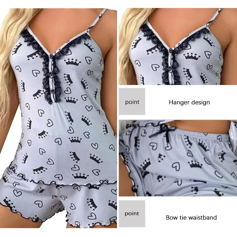 Sexy Summer Two Pieces Women Pajamas Set Deep V-Neck Tops And Shorts