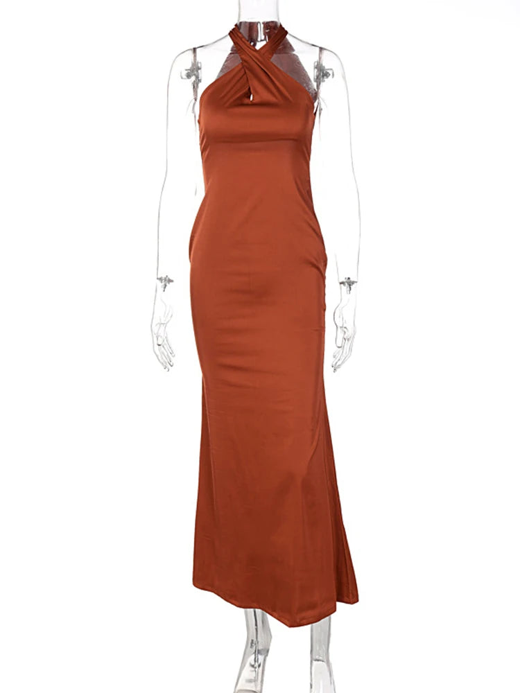 Dulzura Sleeveless Cross Halter Satin Midi Dress Backless