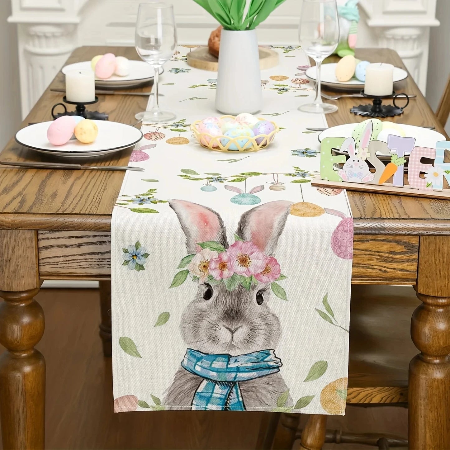 Happy Easter Bunny Linen Table Runner Spring Flowers Bunny Egg Easter Decor Farmhouse Kitchen Dining Table Holiday Party Decor