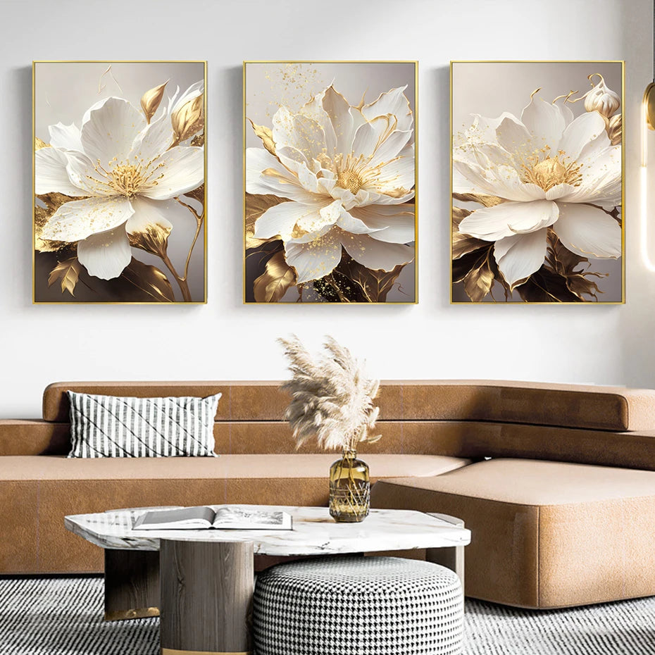 Gold Leaf White Blooming Flowers Decorative Paintings Canvas Wall Art Pictures Prints Luxury Living Room Modern Home Decoration