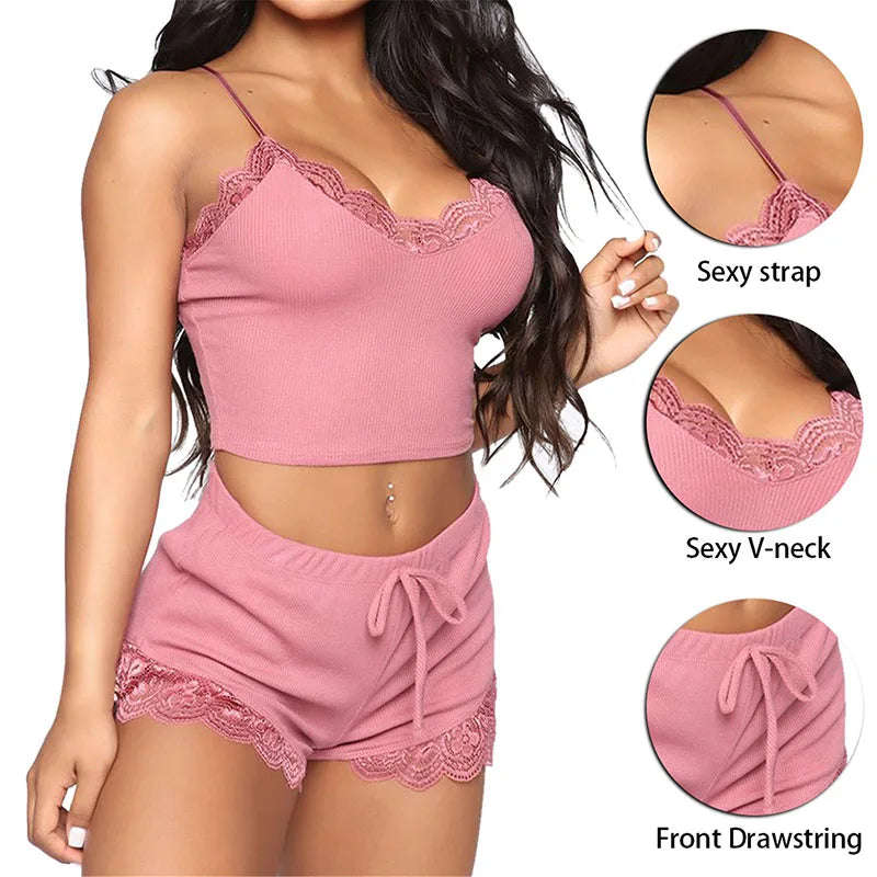 Lace Women Pajama Sets Soft Comfortable V-Neck Sleepwears Sexy Female