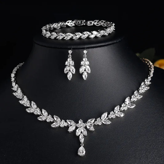 ZAKOL Luxury Brilliant Zirconia Leaf Necklace Earrings Rings Bracelets Set for Women