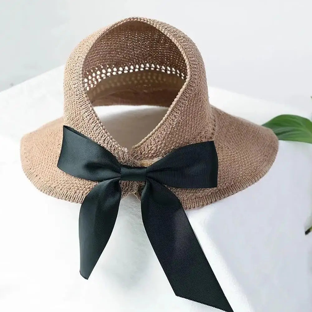 Summer Straw Hat  Empty Sun Hats With Bow Foldable UV Protection Wide Brim Beach Visor Caps For Women