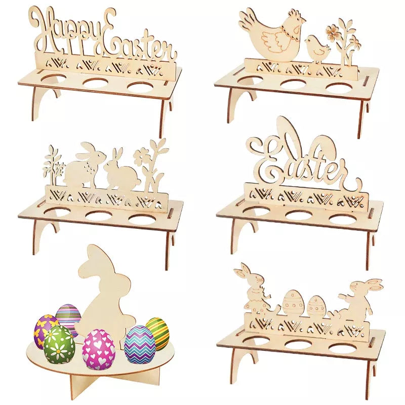 Easter Decoration for Home Wooden Easter Egg Holder Shelves DIY Craft Handmade Ornaments Kids Gift Happy Easter Party Decor 2024