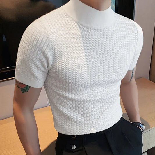 Casual Knit Tops Men Summer Fashion Solid Ribbed Elastic Slim Turtleneck T Shirt