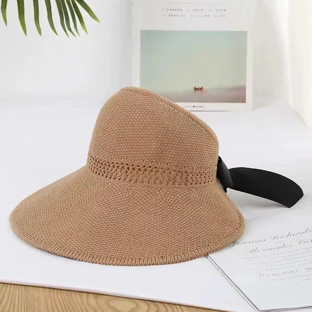 Summer Straw Hat  Empty Sun Hats With Bow Foldable UV Protection Wide Brim Beach Visor Caps For Women