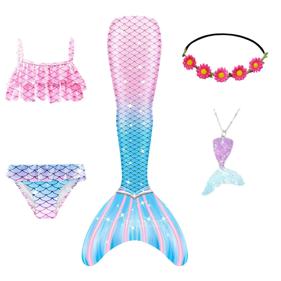 5pcs Girls Mermaid Tails for Kids Memaid Swimsuit Bikini Bathing Suit