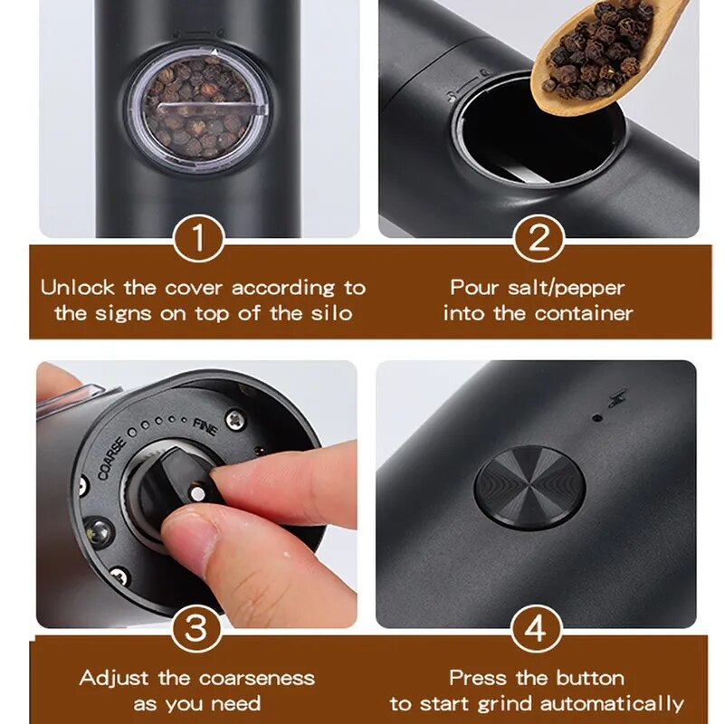 Electric Salt and Pepper Grinder Set with Charging Base and LED Light,  Adjustable Coarseness Automatic Spice Herb Mill