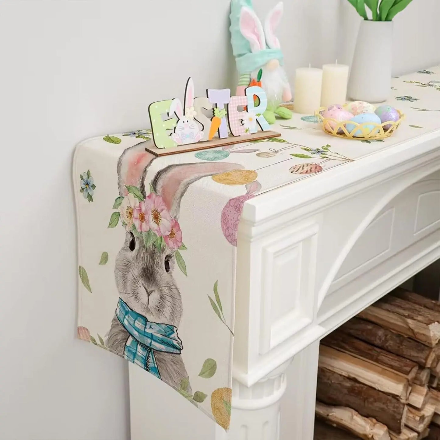 Happy Easter Bunny Linen Table Runner Spring Flowers Bunny Egg Easter Decor Farmhouse Kitchen Dining Table Holiday Party Decor