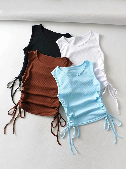 2024 Summer NEW Arrival Women Solid Color Sexy Causal Crop Top With String Both Side