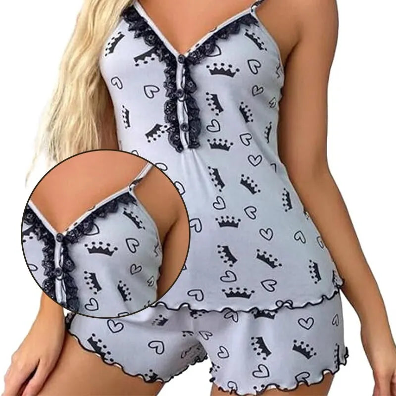 Sexy Summer Two Pieces Women Pajamas Set Deep V-Neck Tops And Shorts