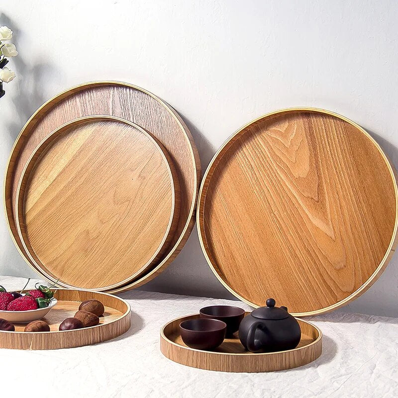 Japanese Style Round Tray Food Serving Plate Wood Snack Dessert Plate natural Tea Food Server Dishes Drink Platter waterproof