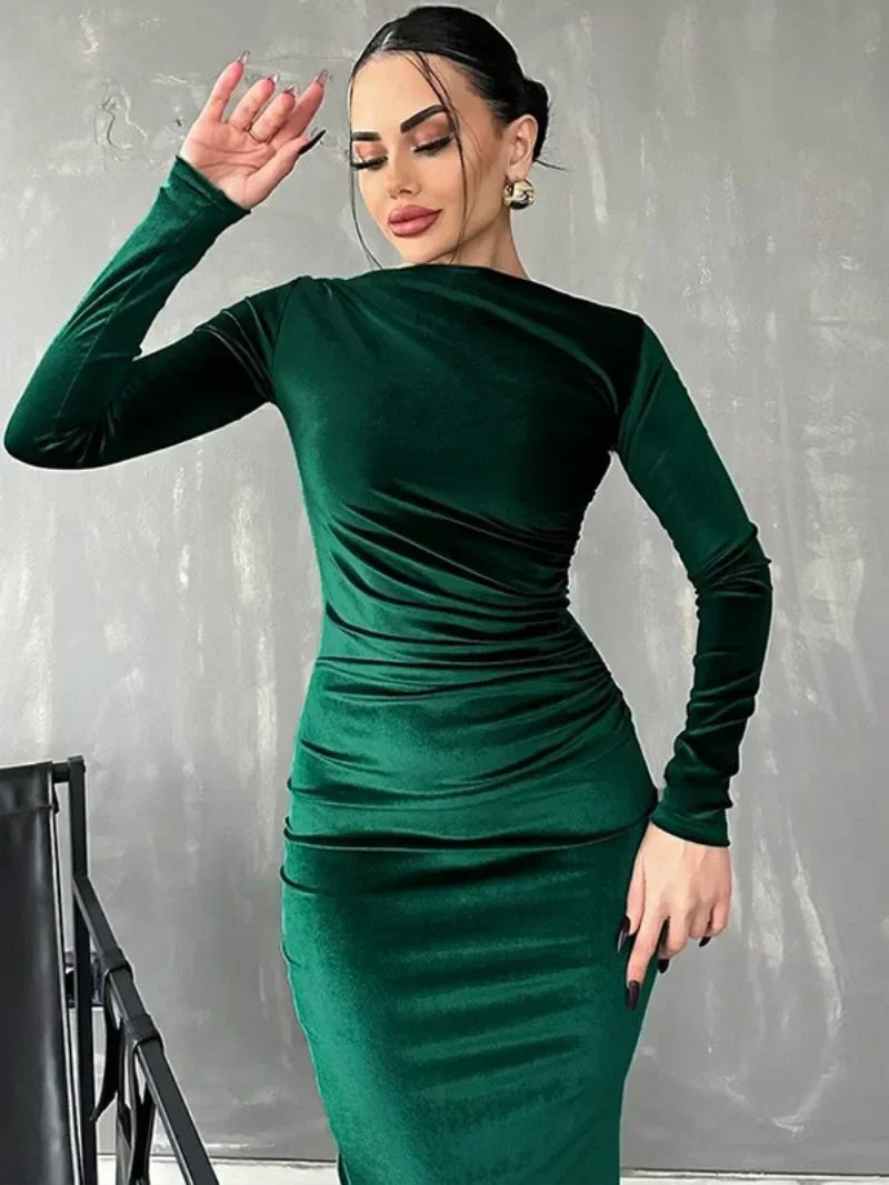 Women O-neck Folds High Waist Mid-calf Velvet Dress Elegant