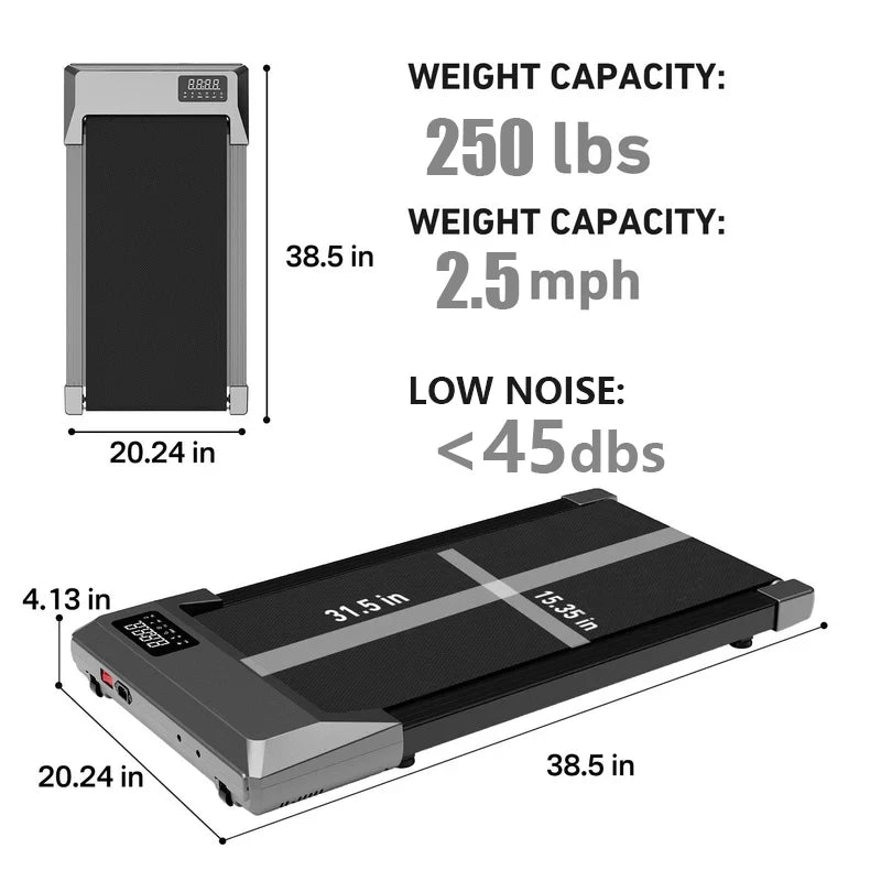 2in1 Walking Pad Treadmill Portable for Home&Office Under Desk 15.35*31.5in Belt Treadmill with Max 250lbs Quiet 45dB Treadmill