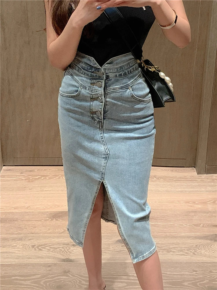 Seoulish New Front Split Women's Denim Wrap Skirts Buttons High Wasit Jeans Female Straight Pencil Midi Skirts Summer