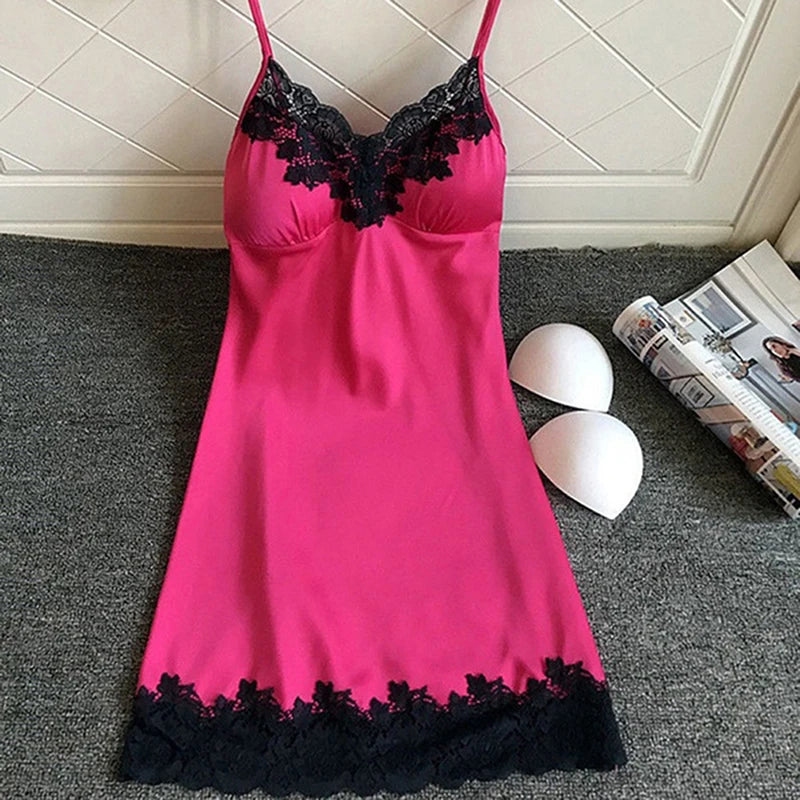 Women's Sexy Lingerie Summer Silk Night Gown Lace Patchwork Mini Night Dress