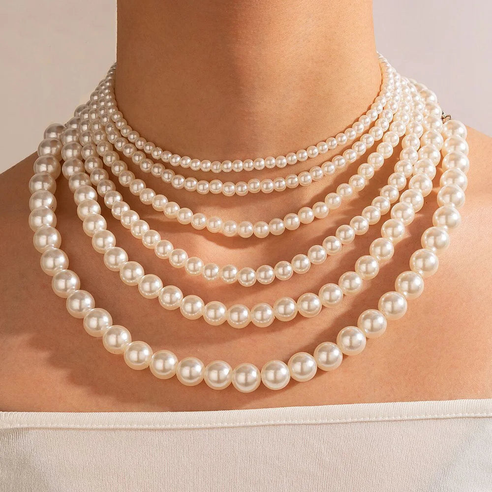 New Trendy Imitation Pearl Necklace Men Temperament Simple Handmade Strand Bead Necklace For Women