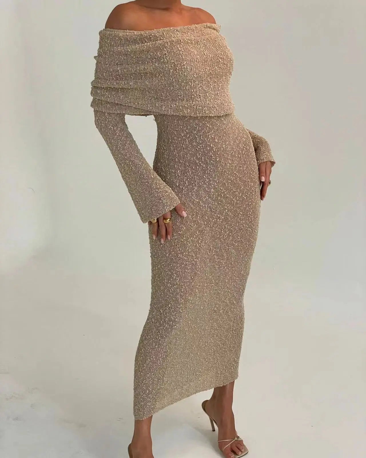 Women's Summer Slash Neck Sunscreen Maxi Dress Chic Long Sleeve Bodycon Knitted Vestidos Female Elegant