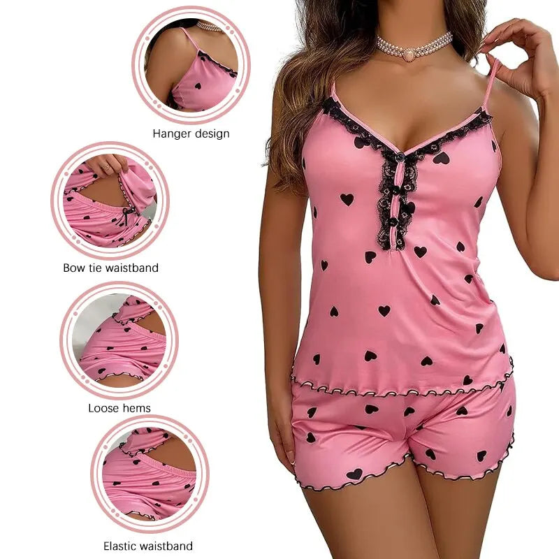 Sexy Summer Two Pieces Women Pajamas Set Deep V-Neck Tops And Shorts