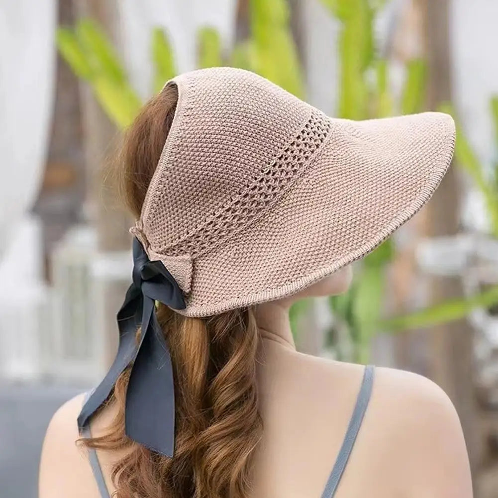 Summer Straw Hat  Empty Sun Hats With Bow Foldable UV Protection Wide Brim Beach Visor Caps For Women