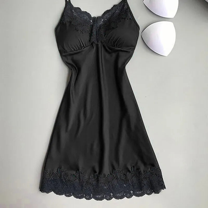 Women's Sexy Lingerie Summer Silk Night Gown Lace Patchwork Mini Night Dress