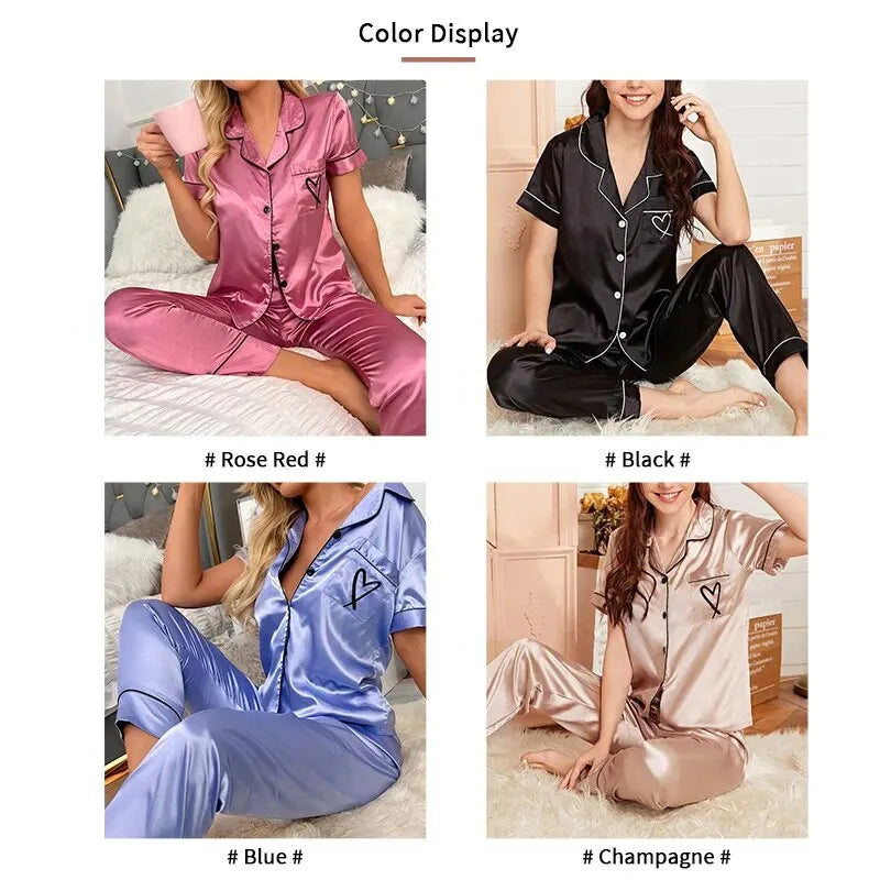 Women's Pajama Pocket Heart Embroidered Pajama Set Satin