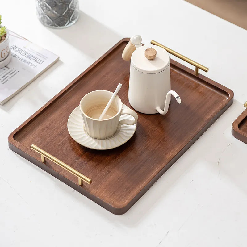 Ebony Rectangular Wooden Tray with Golden Metal Handle for Water Cup Fruit Food Bread Sundries Serving Tray Household Organizer