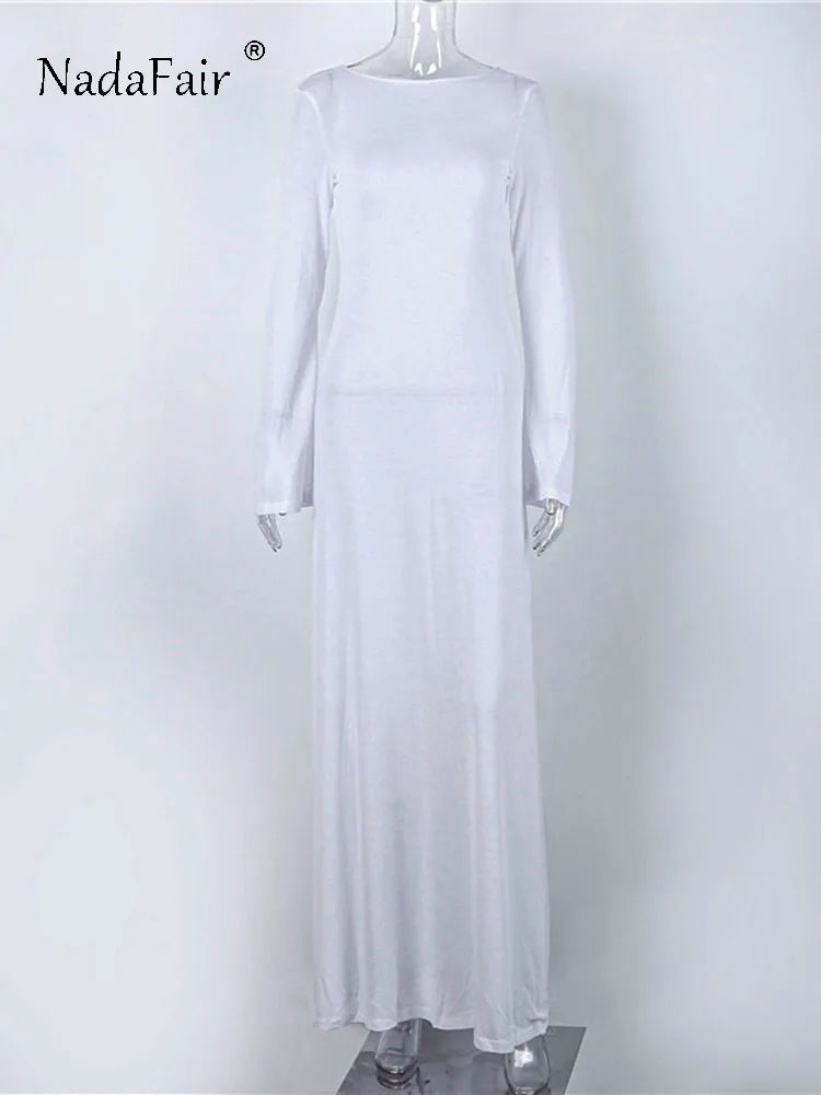 Nadafair Mesh White Elegant Women Beach Long Dress Backless See Through Sexy Long Sleeve