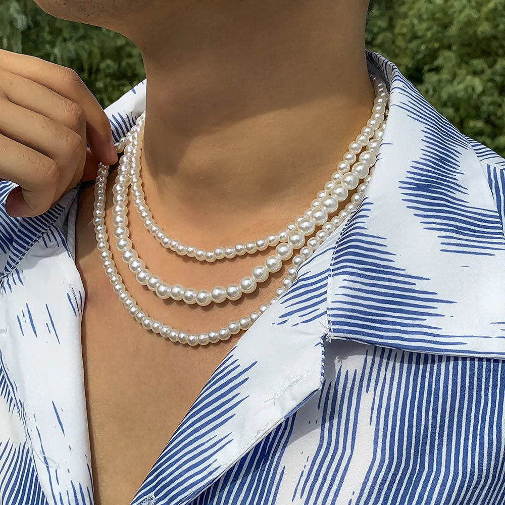 New Trendy Imitation Pearl Necklace Men Temperament Simple Handmade Strand Bead Necklace For Women