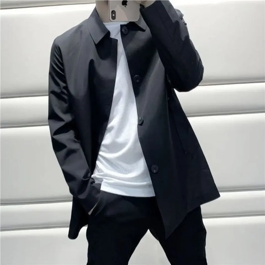 New 2025 Spring-autumn Fashionable Casual Loose-fit Versatile Medium-length Trench Coat For Men Thin Regular Lapel