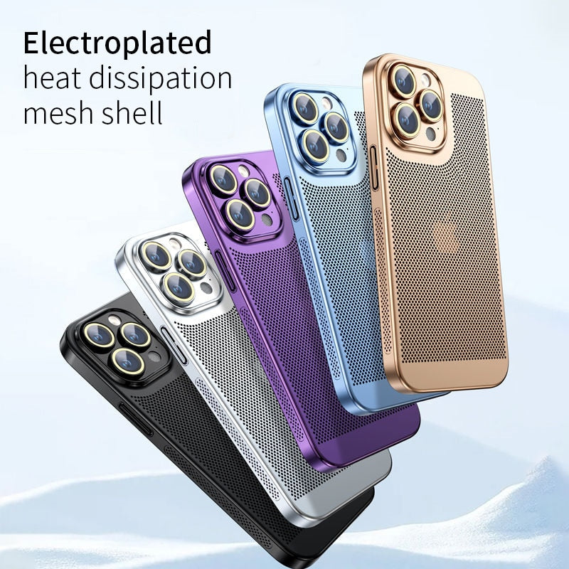 Heat Dissipation Phone Case For Iphone 15 14 11 12 13 Pro Max 14Plus XS Max Mini Cover Electroplated Border Honeycomb Mesh Shell