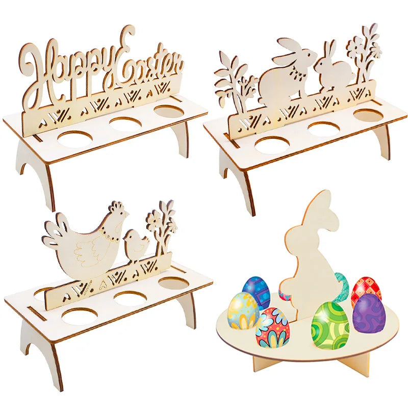 Easter Decoration for Home Wooden Easter Egg Holder Shelves DIY Craft Handmade Ornaments Kids Gift Happy Easter Party Decor 2024