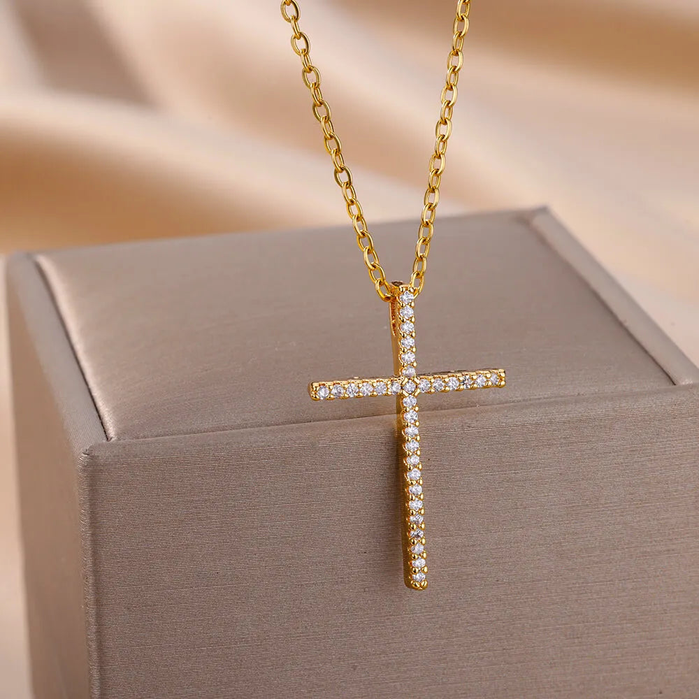 Zircon Cross Pendant Necklace for Women Gold Plated Stainless Steel Collar Necklaces