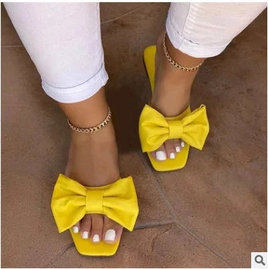 Fashion Summer Plus Size One-line Solid Color Bow Flat Sandals