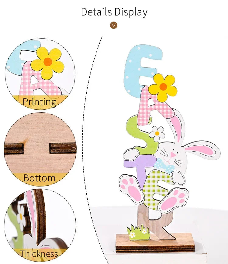 2024 Spring Easter Wooden Letter Ornaments DIY Bunny Vertical Ornaments Happy Easter Day Party Decor Rabbit Home Desktop Decor