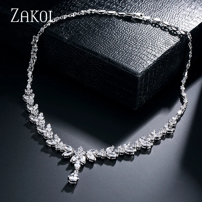 ZAKOL Luxury Brilliant Zirconia Leaf Necklace Earrings Rings Bracelets Set for Women