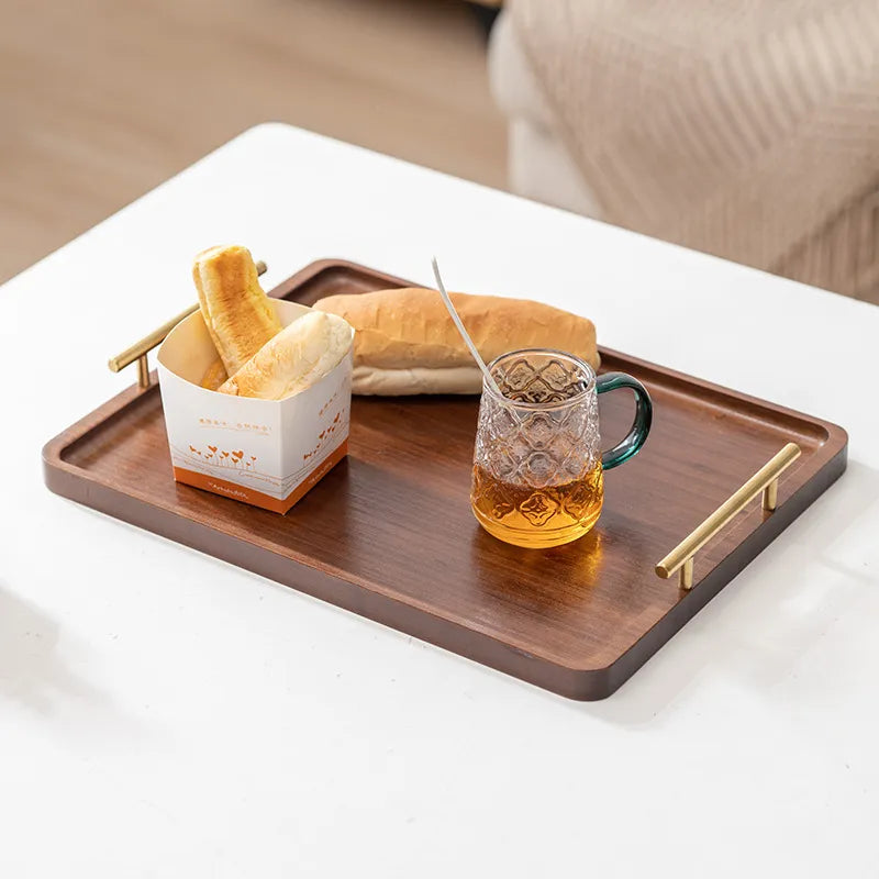 Ebony Rectangular Wooden Tray with Golden Metal Handle for Water Cup Fruit Food Bread Sundries Serving Tray Household Organizer