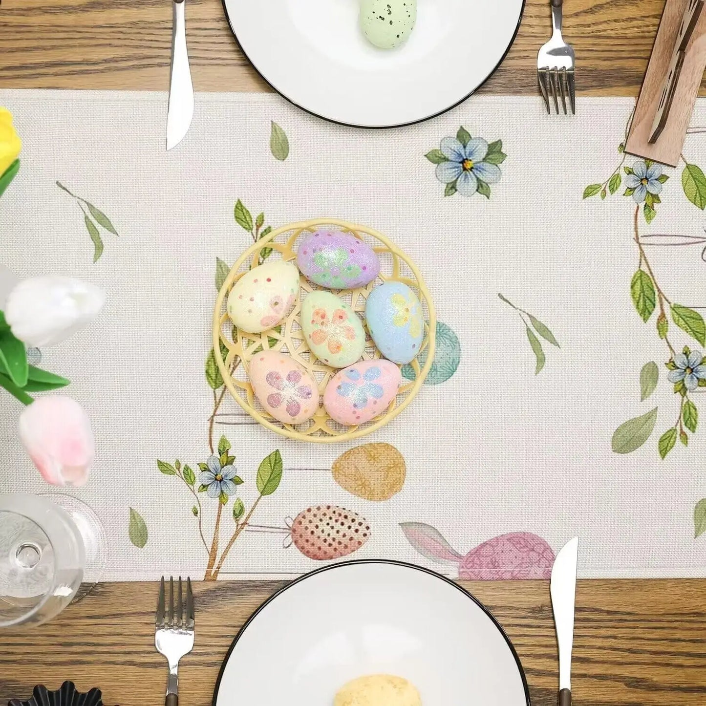 Happy Easter Bunny Linen Table Runner Spring Flowers Bunny Egg Easter Decor Farmhouse Kitchen Dining Table Holiday Party Decor