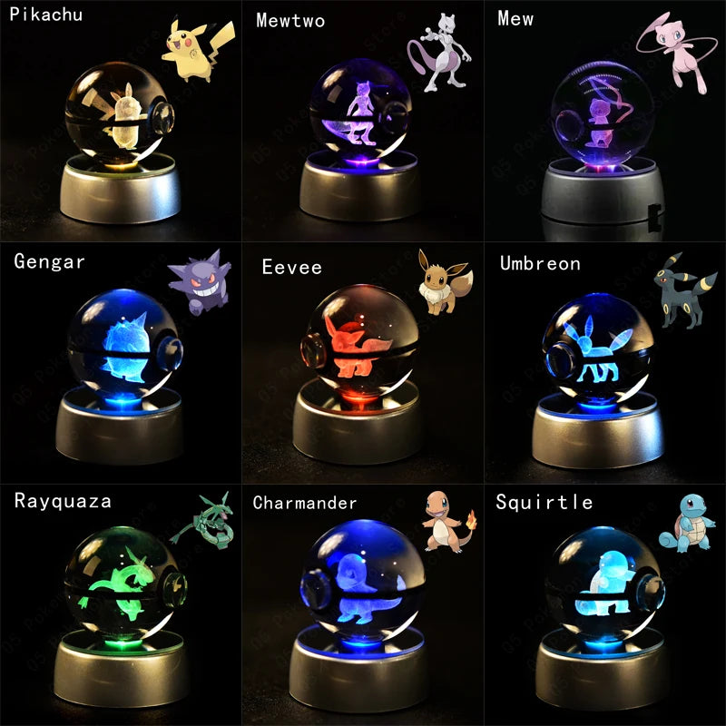 Pokemon 3D Crystal Ball Pikachu Gengar Mew Mewtwo Figurines Lamp Base