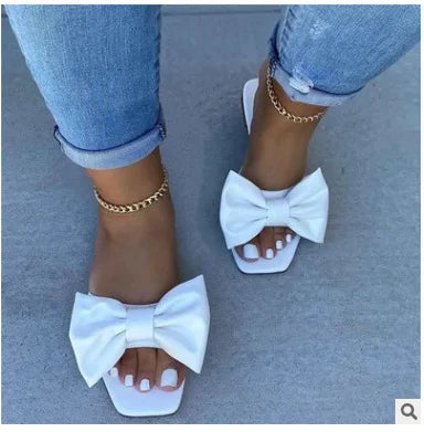 Fashion Summer Plus Size One-line Solid Color Bow Flat Sandals