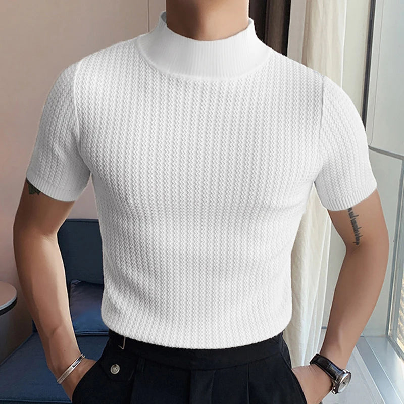 Casual Knit Tops Men Summer Fashion Solid Ribbed Elastic Slim Turtleneck T Shirt