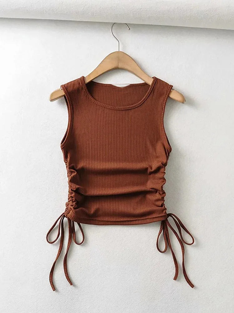 2024 Summer NEW Arrival Women Solid Color Sexy Causal Crop Top With String Both Side