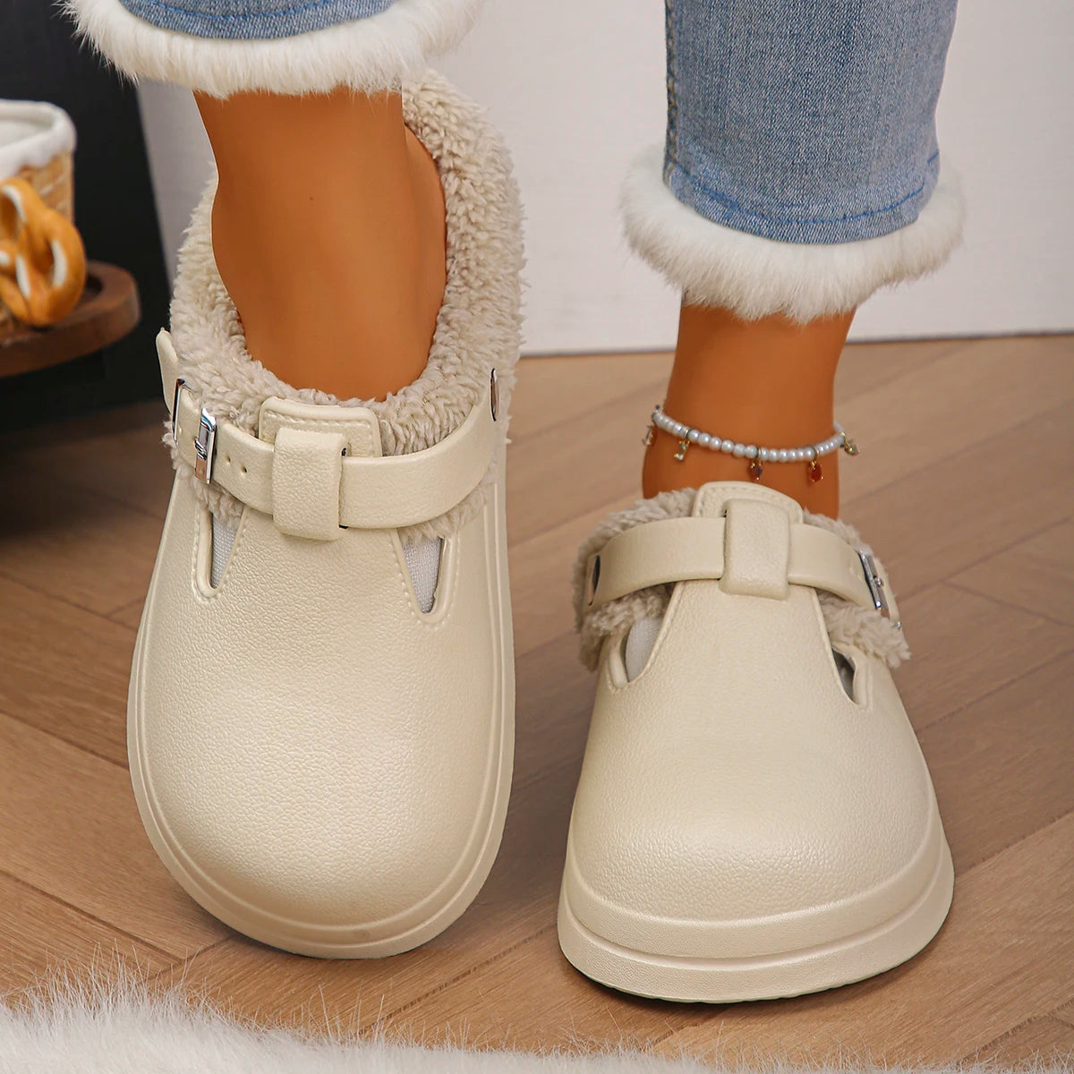 Waterproof Eva Furry Mules Slippers Women 2025 Winter Metal Buckle Warm Plush Slippers Soft Thick Bottom Non Slip Indoor Slides