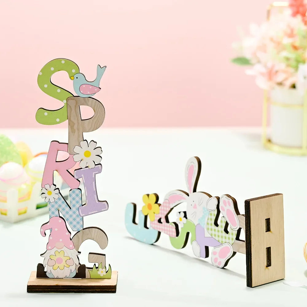 2024 Spring Easter Wooden Letter Ornaments DIY Bunny Vertical Ornaments Happy Easter Day Party Decor Rabbit Home Desktop Decor