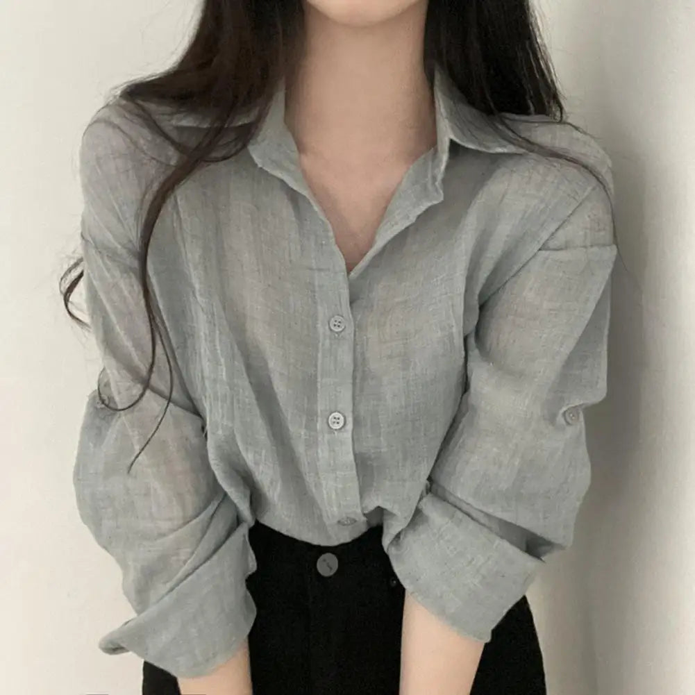 Chic Cardigan Shirt Single Breasted Thin Women Solid Color.