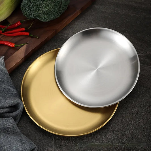 Korean stainless steel thickened disc Golden Cafe Tray Fruit Plate Cake Plate Bone Dish Dish Dish Shallow Plate